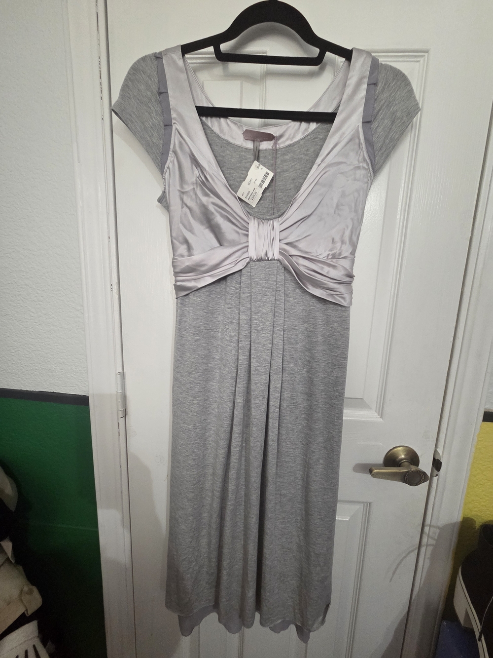 NEW Grey Silk Blend Twist Front Midi Dress with Satin Bodice.  Size M